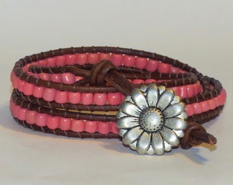 E-2012 Coral bead and brown leather cord wrap bracelet