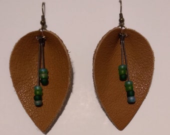 Brown Leather Earrings with Green Glass Beads