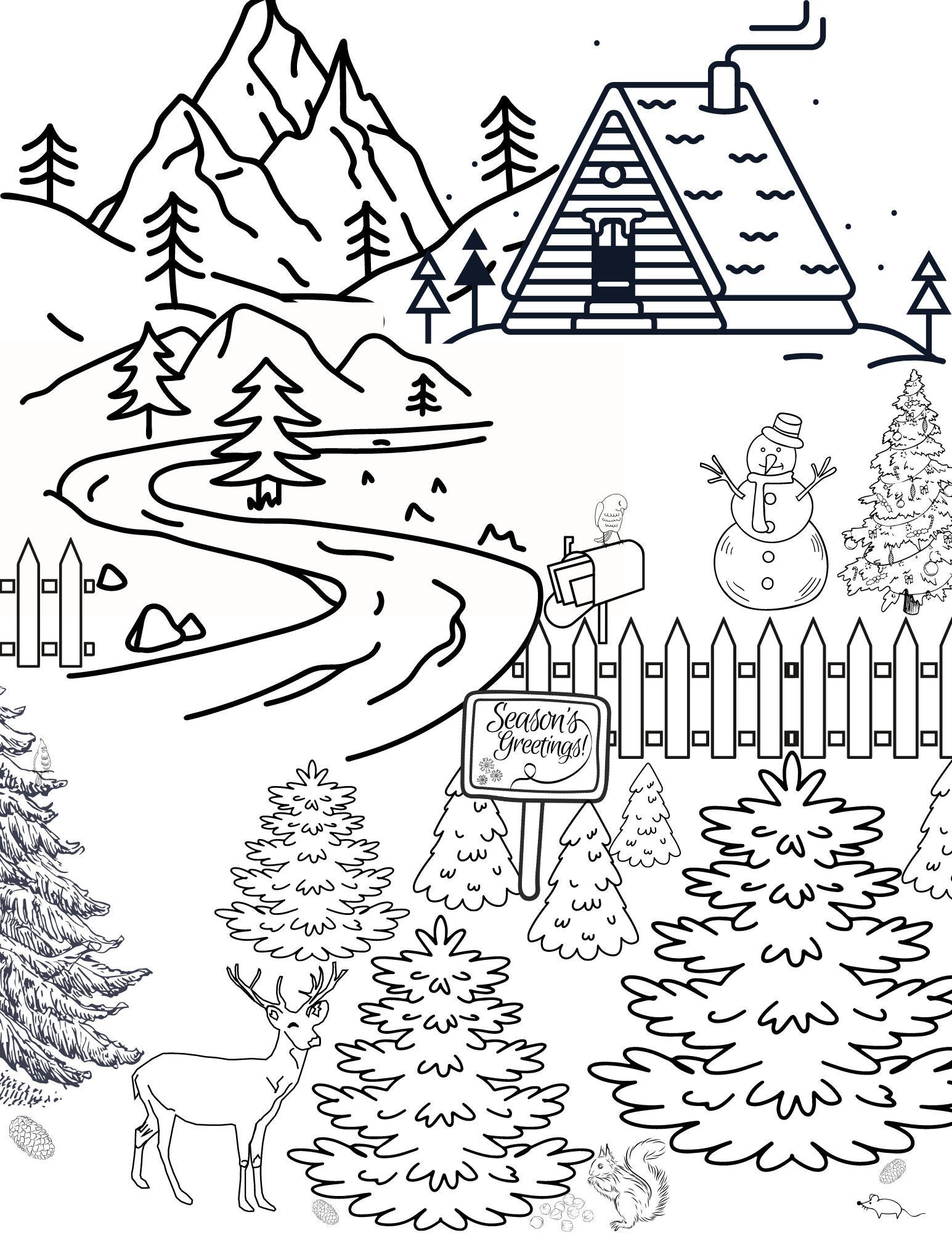 Winter Scene Coloring Page Adult Fun Christmas Holiday Deer Cabin Snow