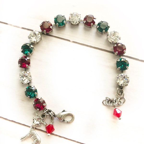 Christmas Sparkling Crystal Bracelet Red, green and clear - Holiday jewelry - Xmas bracelet - crystal tennis - Gift under 40 - gift for her