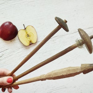 Antique drop spindle Primitive antique tool Old loom part Top whorl drop spindle Collectible hand carved wooden assemblage 100 years & more