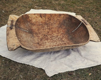 Antique wooden dough bowl from country cottage Primitive decor in wabi sabi style Country kitchen table centerpiece Rustic farmhouse decor