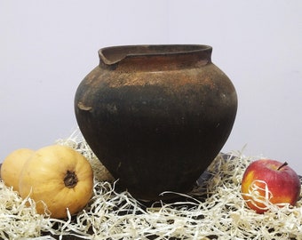 Antique crock vase Pottery anniversary gifts Primitive antiques clay vase Wabi sabi ceramics Country jar Rustic home decor Farmhouse kitchen