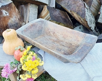 Wooden dough bowl Antique wood bowl Primitive antique trencher Rustic home decor Farmhouse bread bowl Country cottage kitchen Fall gathering