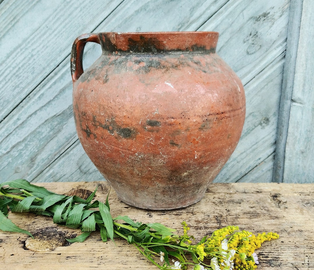 Primitive Antique Clay Vase Rustic Pottery Vase Ceramic Crock Vase
