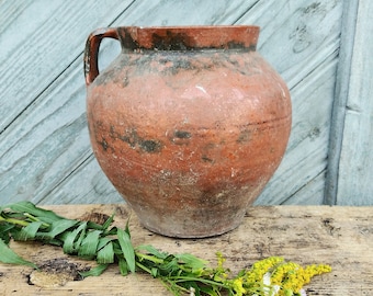 Primitive antique clay vase Rustic pottery vase Ceramic crock vase Country cottage vase Rustic home decor Farmhouse antiques Old vessel