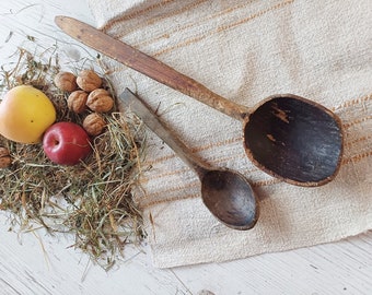 Large wooden spoons Set of two hand carved wood spoons from antique country cottage Rustic kitchen decor Farmhouse antiques with dark patina