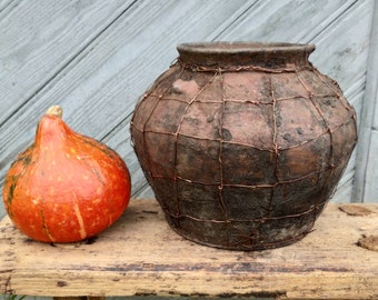 Jarrón de arcilla antiguo primitivo Olla rústica Cerámica cerámica Wabi sabi jarrón Decoración de casa de campo Cocina rústica Antigüedades de la granja