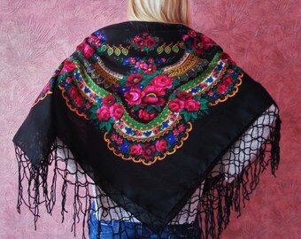 Turbante de diadema de lana vintage Grande Negro floral pañuelo cuadrado Boho bufanda de mujer Chal ucraniano Pañuelo retro Pañuelo gitano Regalo reina gitana