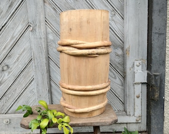 Primitive antique floor vase Country umbrella stand Wooden tall vase  Rustic home decor Farmhouse umbrella holder Old wood cottage decor