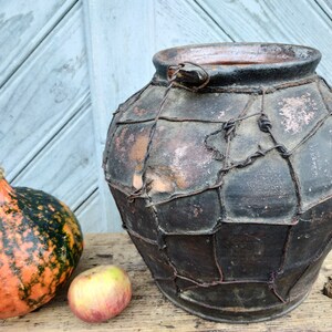 May include: A large, dark brown clay pot with a wire mesh covering. The pot has a small handle on the top. The pot is sitting on a wooden surface next to a small orange and green pumpkin and a red apple.