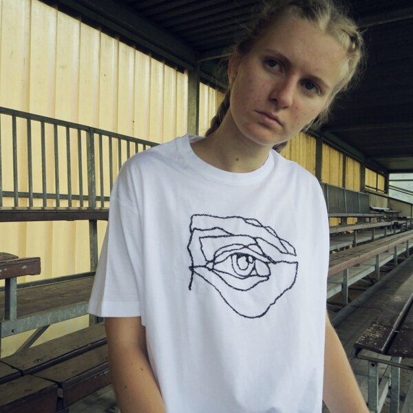 Line drawing eye embroidery white t-shirt, hand embroidery, hand stitched shirt size XL unisex