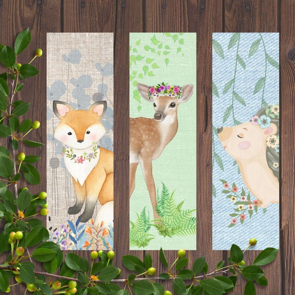 Woodland Creatures Bookmarks, Digital Download, Adorable Animals, Book Lovers, Avid Reader, Fox Deer Hedgehog and Flowers, Book Club