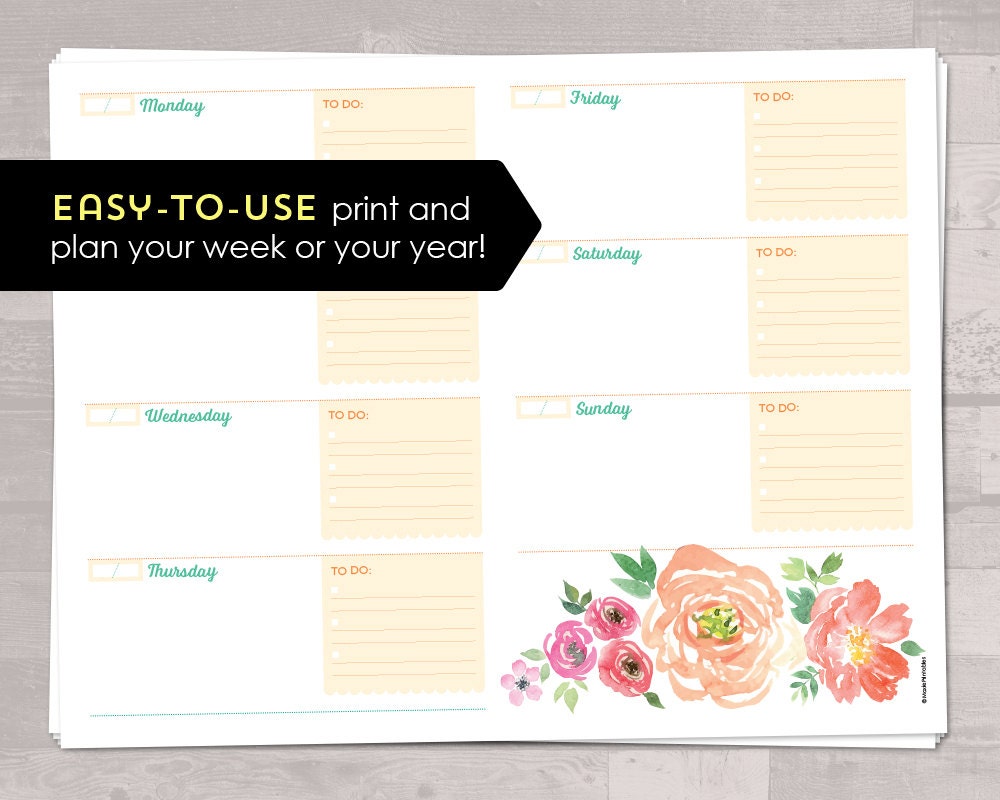 Weekly Calendar Watercolor Flowers - (letter & A4 Sizes) PRINTABLE - Etsy