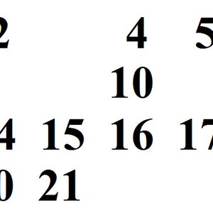 Peut inclure: Une image en noir et blanc montrant une pyramide de nombres avec les nombres 2, 4, 5, 10, 12, 14, 15, 16, 17, 18, 20 et 21.