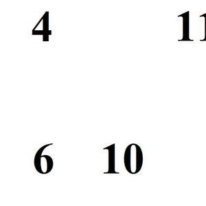 May include: A white background featuring four black numerical digits arranged in a grid-like formation. The top row displays the numbers 4 and 11, while the bottom row displays the numbers 6 and 10. All digits are rendered in a simple, bold, black serif font.