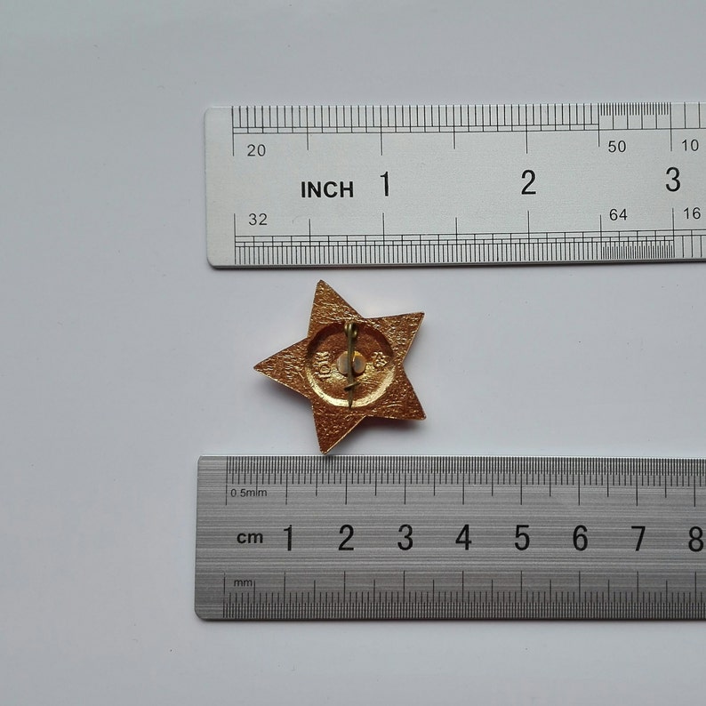 K&ouml;nnte beinhalten: Eine goldfarbene, sternf&ouml;rmige Anstecknadel mit einem Nadelverschluss. Die Anstecknadel hat einen Durchmesser von etwa 2,5 cm. Ein Lineal mit Zoll- und Zentimetermessungen befindet sich im Hintergrund.