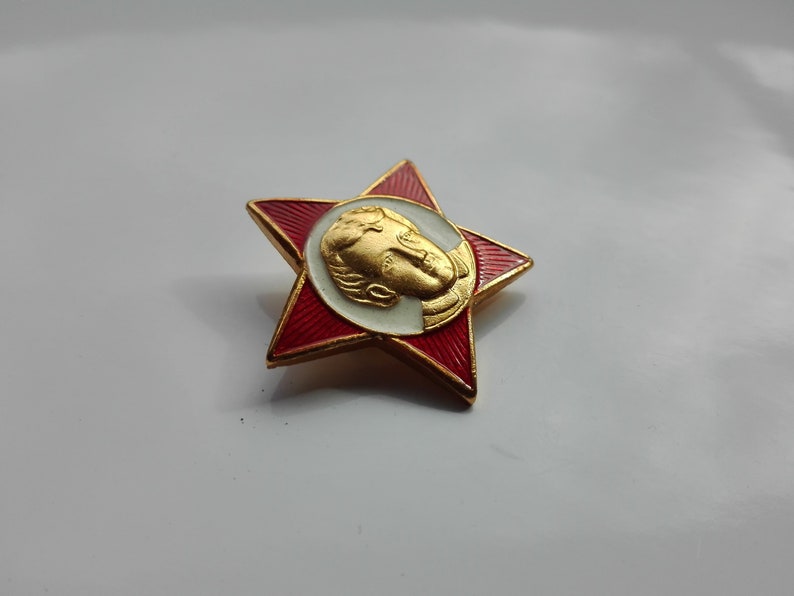 K&ouml;nnte beinhalten: Ein rot-goldener sternf&ouml;rmiger Anstecker mit einem zentralen Medaillon, das ein goldenes Profil auf wei&szlig;-goldenem Hintergrund zeigt. Der Anstecker hat einen goldenen Rand und eine rote Emaille-Oberfl&auml;che.