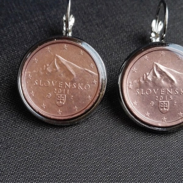 Coin earrings Handcrafted Jewelry Earrings Fashion Slovensko Coin jewelry Metalworks Euro Resin Greetings from Slovenia Tatra Mountain