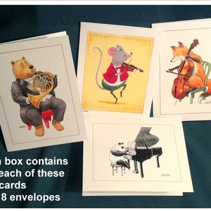 CARTES DE NOTES Animal Musicians, Variety Box, 8 cartes et enveloppes