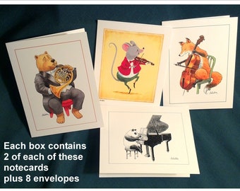 Animal Musicians NOTECARDS, Variety Box, 8 cards and envelopes