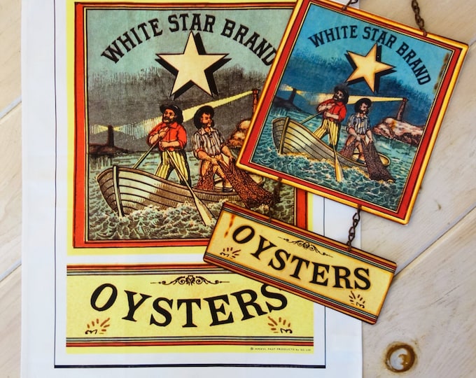 Vintage Oyster Canning Label Kitchen Towel and Metal Sign Duo