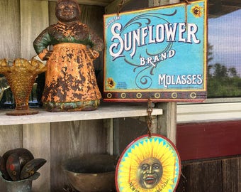 VINTAGE METAL SIGN Country Kitchen "Sunflower Molasses Brand" Home Wall Decor, Historic Art Label. PASTin®