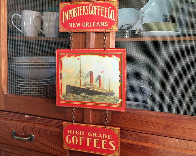 Vintage Coffee Importers Metal Sign: Cruise Ship Art, Kitchen Wall Decor