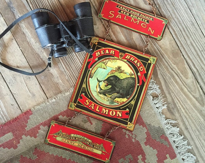 Vintage Bear Brand Salmon Sign: Repurposed Metal Crate Label Decor