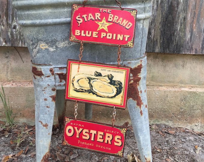 Vintage Oyster Metal Sign: Kitchen Wall Decor, 1890s Label Art
