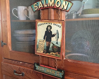 VINTAGE METAL SIGNS Fishing "Fishermen's Brand Salmon" Man Cave. Home Wall Decor, Historic Art Label. PASTin®