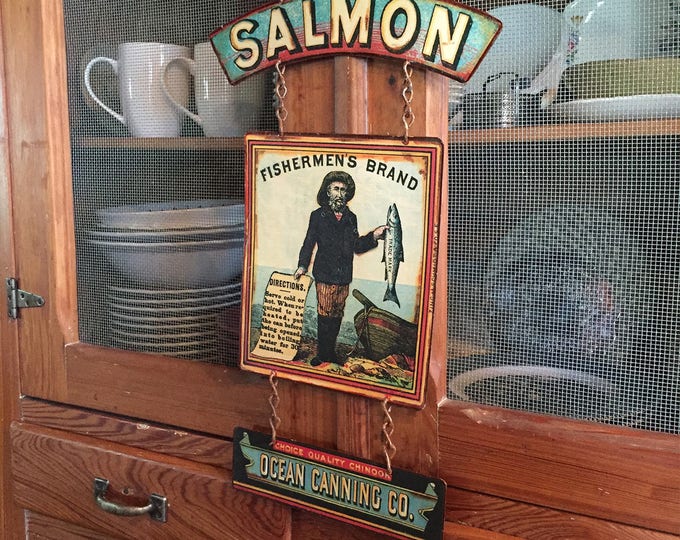 Vintage Fisherman's Brand Salmon Metal Sign: Rustic Wall Decor