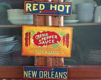 VINTAGE METAL SIGN Kitchen Decor Peppers "Red Hot Creole Pepper Sauce" Home Wall Decor, Historic Art Label. PASTin®