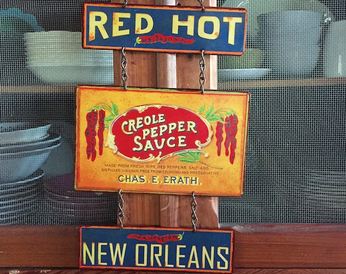 Vintage Metal Pepper Sauce Sign: Creole Kitchen Decor, Historic Art Label