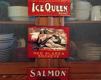 VINTAGE METAL SIGNS, Salmon Art, "Ice Queen Salmon" Home Wall Decor, vintage can label reproduction. PASTin®