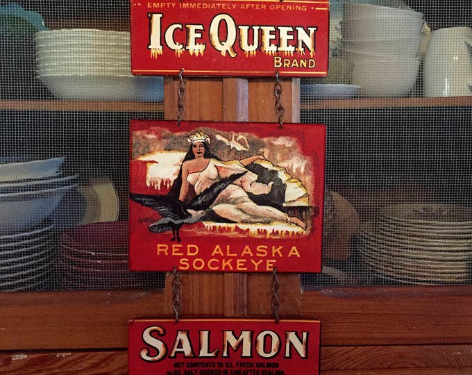 Vintage "Ice Queen Salmon" Metal Sign: 1890s Can Label Art
