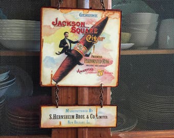 VINTAGE METAL SIGN Cigars "Jackson Square Cigar" Man Cave Wall Decor, Historic Art Label. PASTin®