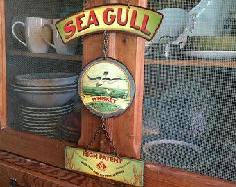 VINTAGE METAL SIGNS Beach Home Decor "Seagull Whiskey" Wall Hanging, Old Historic Art Label. PASTin®