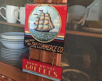 VINTAGE METAL SIGNS, Vintage Coffee Sign Schooner Ship "Commerce Coffee Brand" Home Wall Decor, Historic Art Label. PASTin®