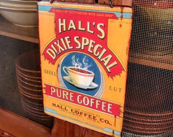 VINTAGE METAL SIGN Coffee Kitchen "Hall's Dixie Coffee" Wall Decor. PASTin® Historic Can Label