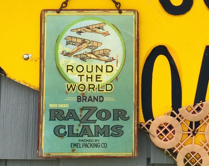 Vintage "Razor Clams" Metal Sign: Coastal Home Decor