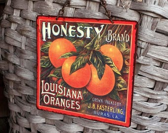 VINTAGE METAL SIGNS, Kitchen Sign "Oranges" Home Wall Decor, vintage crate label reproduction. PASTin®