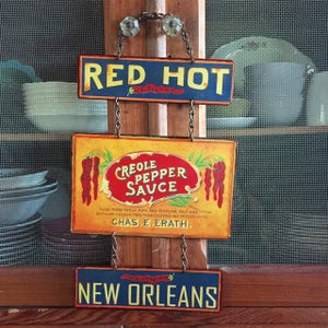 VINTAGE METAL SIGN Kitchen Decor Peppers "Red Hot Creole Pepper Sauce" Home Wall Decor, Historic Art Label. PASTin®