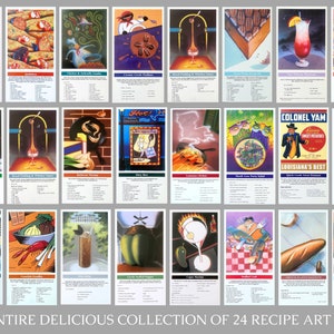 Recettes, 24 cartes de recettes, collection de recettes du Sud, illustrations originales d'art culinaire à encadrer 5 x 9,5 po.