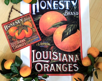 KITCHEN TOWEL, Vintage Metal Sign Combo, Linens, Tea Towel, VINTAGE Label "Honesty Oranges" 100% Cotton Silkscreen Printing