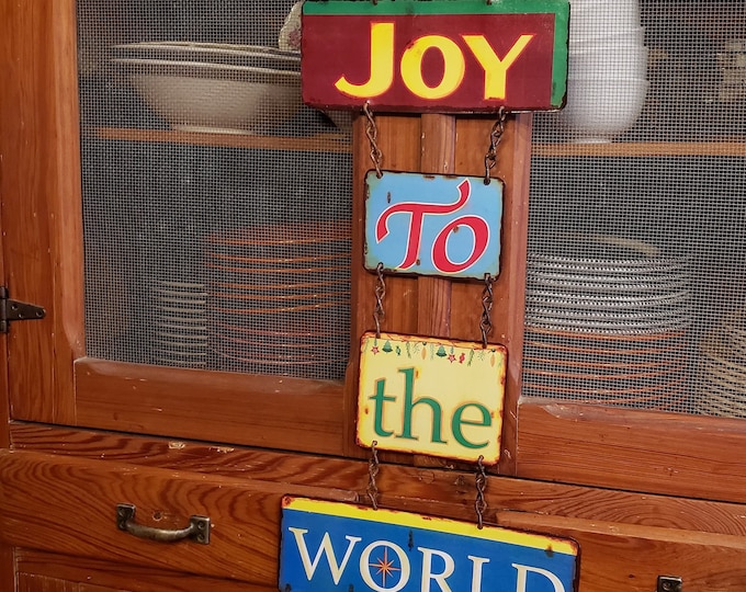 Vintage Metal Christmas Sign: Joy to the World Door Decor (26x11")