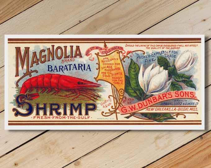 Vintage Magnolia Shrimp Label Art Print: Kitchen Wall Decor