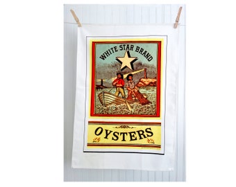 KITCHEN TOWELS, Linens, Tea Towel, VINTAGE Label "White Star Oysters" 100% Cotton Silkscreen Printing