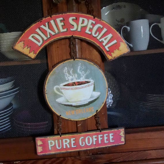 VINTAGE METAL SIGNS, Vintage Coffee Sign "Dixie Special Pure Coffee" Home Wall Decor, Historic Lithographed Coffee Label.