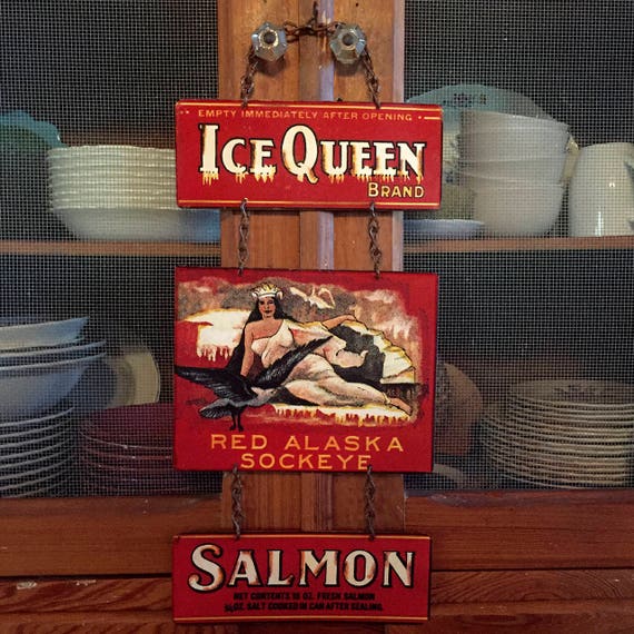 VINTAGE METAL SIGNS, Salmon Art, "Ice Queen Salmon" Home Wall Decor, vintage can label reproduction. PASTin®